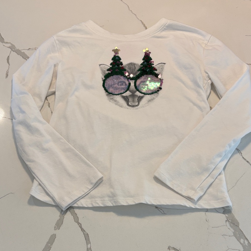 Cat & Jack White Long Sleeve Tee with Sequin Cat Design
